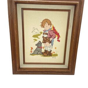 Boy And Dog Cross Stitch Vtg Handmade Multicolor  Decorative Art 14"x12"